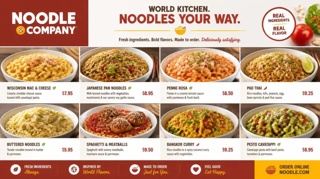 Noodles & Company menu items with prices and calories