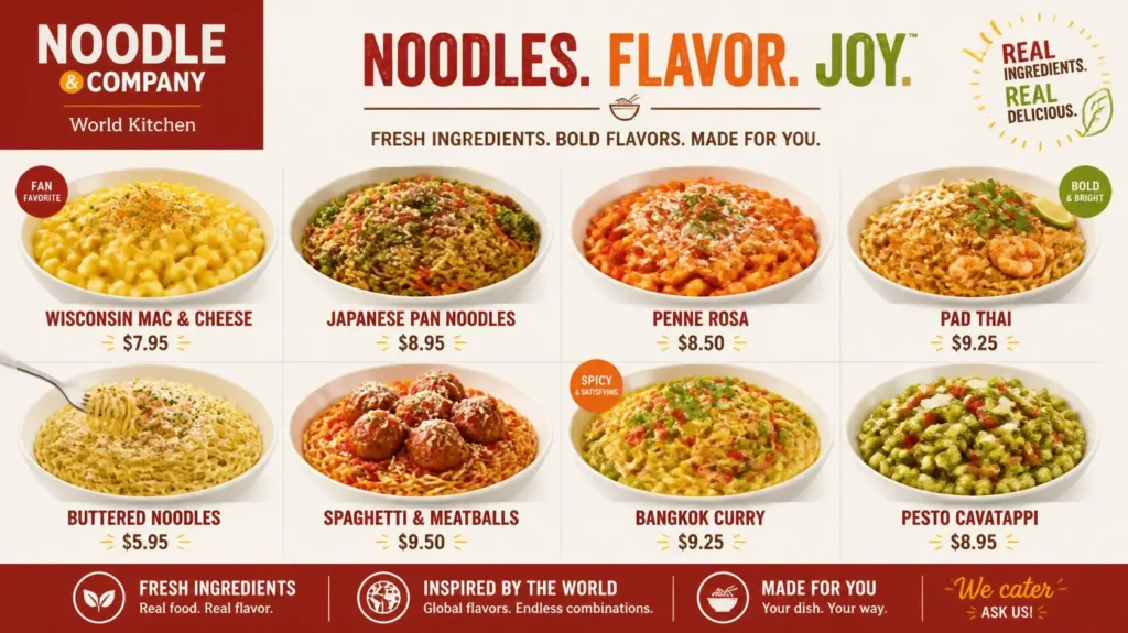 Noodles & Company menu with popular noodles and pasta